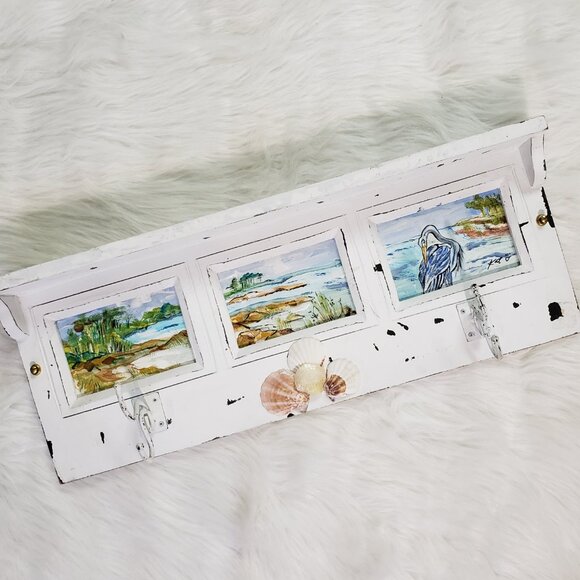 Vintage Signed Artsy Beachy Shabby chic Coastal Wall 2 Hook Shelf - Picture 1 of 7